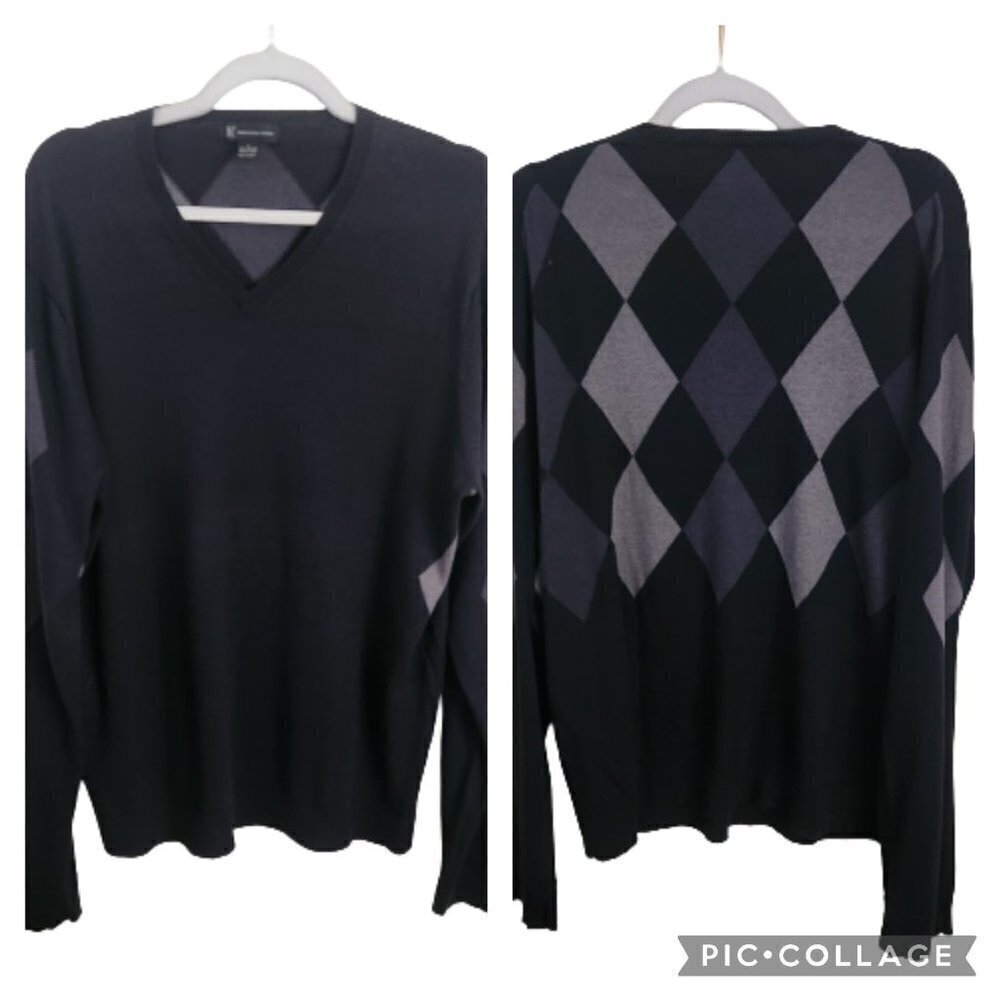 Inc International Concept Vintage Black Gray Argyle V Neck Sweater Size L